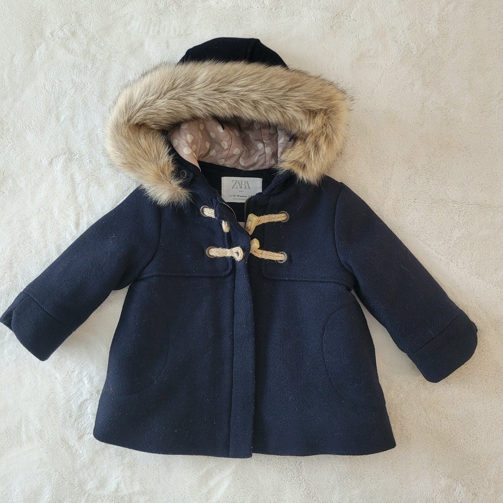 Zara Navy Coat Faux Fur Hood Fully Lined Warm Size 12-18M Baby Girl Navy Blue